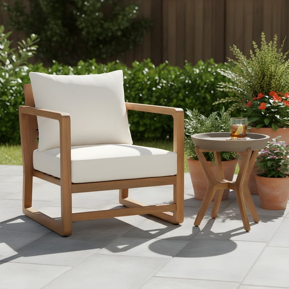 Christopher Knight Home Rustic Outdoor Chat Set, Wooden Lounge Chair & Concrete Top Side Table, Beige Cushion