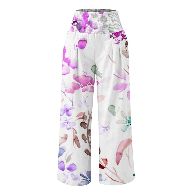 COSFO High Elastic Waisted Women's Pant Purple Floral Casual