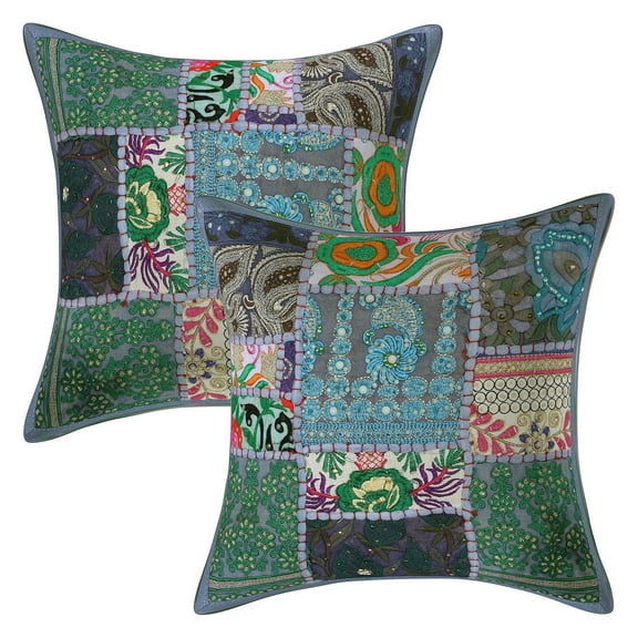 Stylo Culture Ethnic Cotton Decorative Throw Pillow Covers Grey 12 x 12 Bohemian Vintage Patchwork Ethnic Sofa Cushion Covers 30x30 cm Home Decor Abstract Square Pillow Cases | Set Of 2