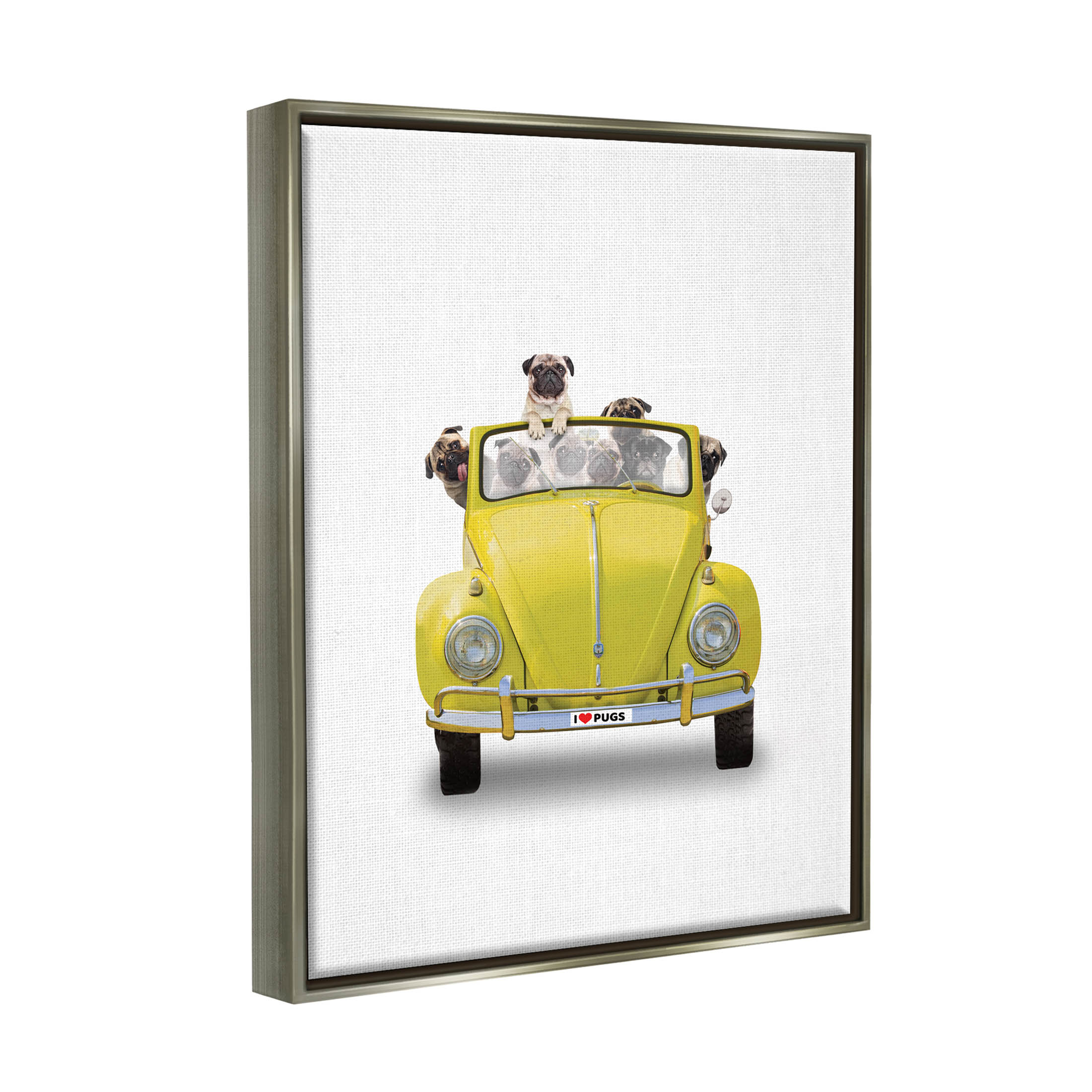 Yellow Antique Car Love Pugs Animals & Insects Graphic Art Luster Gray Framed Art Print Wall Art