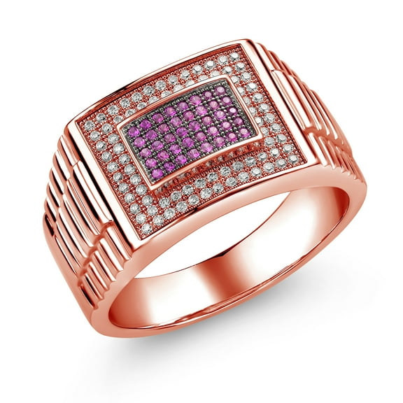 Gem Stone King 18K Rose Gold Plated Silver Men's Red Created Ruby Ring Set with Moissanite (0.68 Cttw) (Size 13)