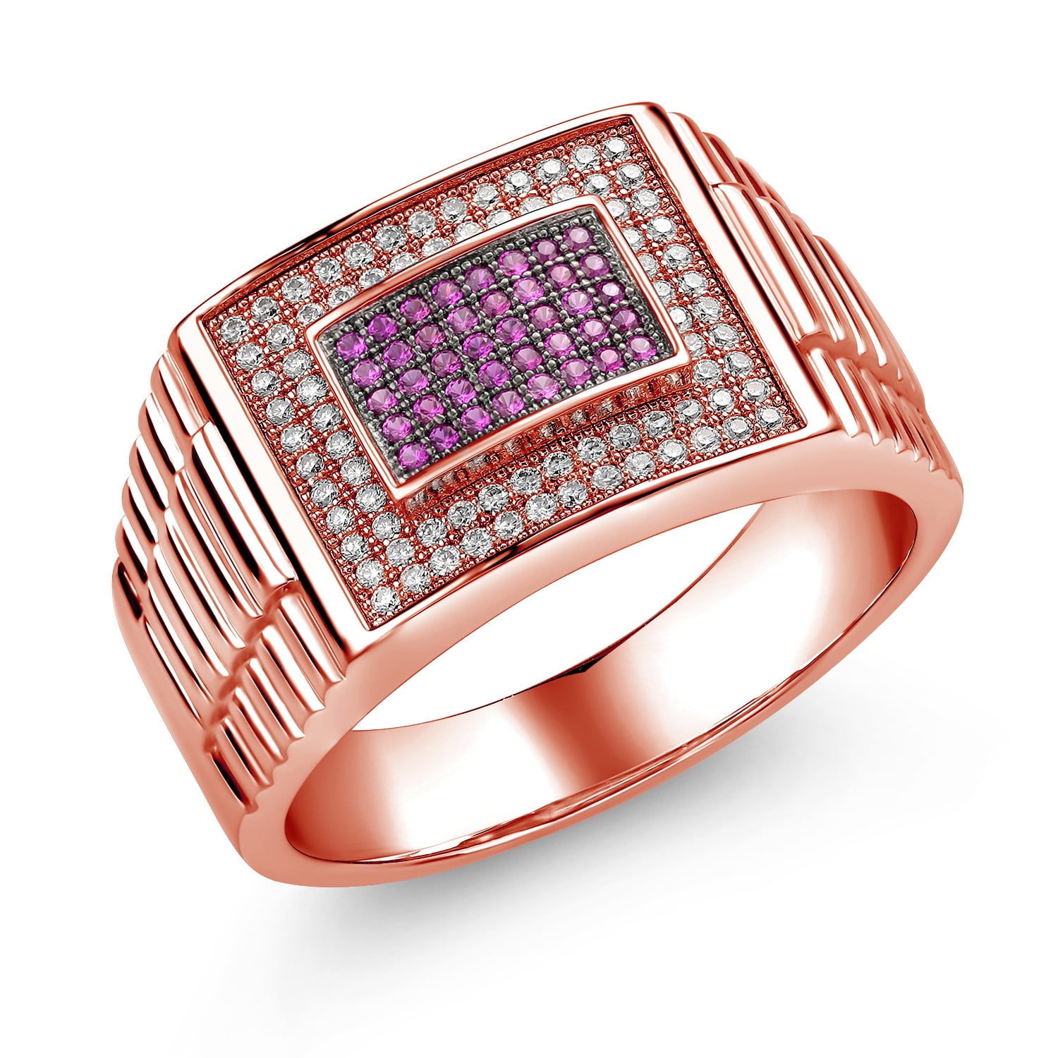 Gem Stone King 18K Rose Gold Plated Silver Men's Red Created Ruby Ring Set with Moissanite (0.68 Cttw) (Size 13)