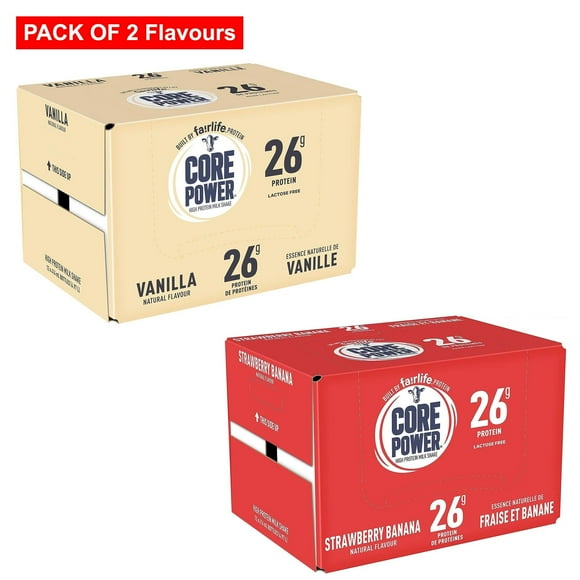 Core Power Fairlife High Protein Shakes, Vanilla & Strawberry Banana Flavor Pack (12 Bottle Pack of Each Flavor)