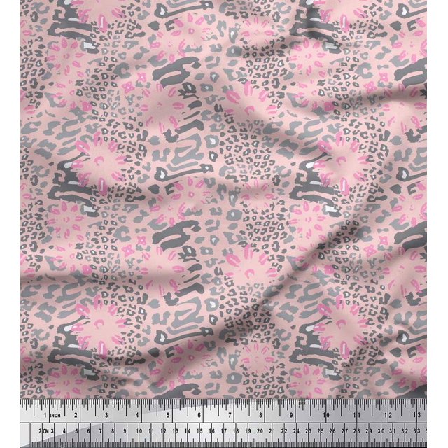 Soimoi Pink polyester Crepe Fabric Leopard Animal Skin Print Fabric by Yard 52 Inch Wide