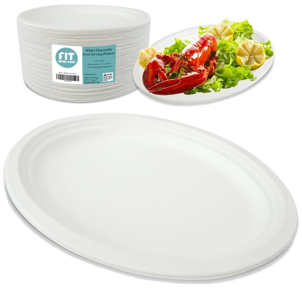 [125 Pack] 10 x 12.5 Inch Oval Serving Plates White Disposable Dinner