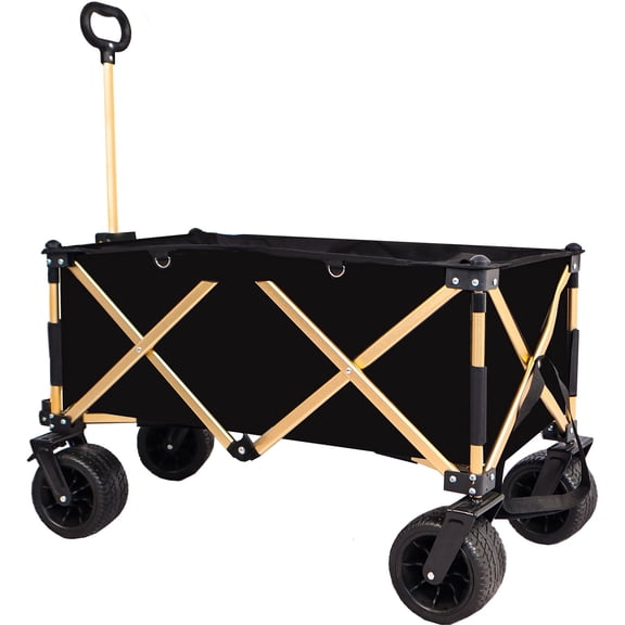 Black Aluminum Alloy Folding Wagon, Heavy Duty Utility Beach Wagon Cart For Sand With Big Wheels, Adjustable Handle&Drink Holders For Shopping, Camping, Garden And Outdoor