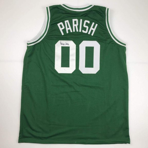 Autographed/Signed Robert Parish Boston Green Basketball Jersey JSA COA Holo Only