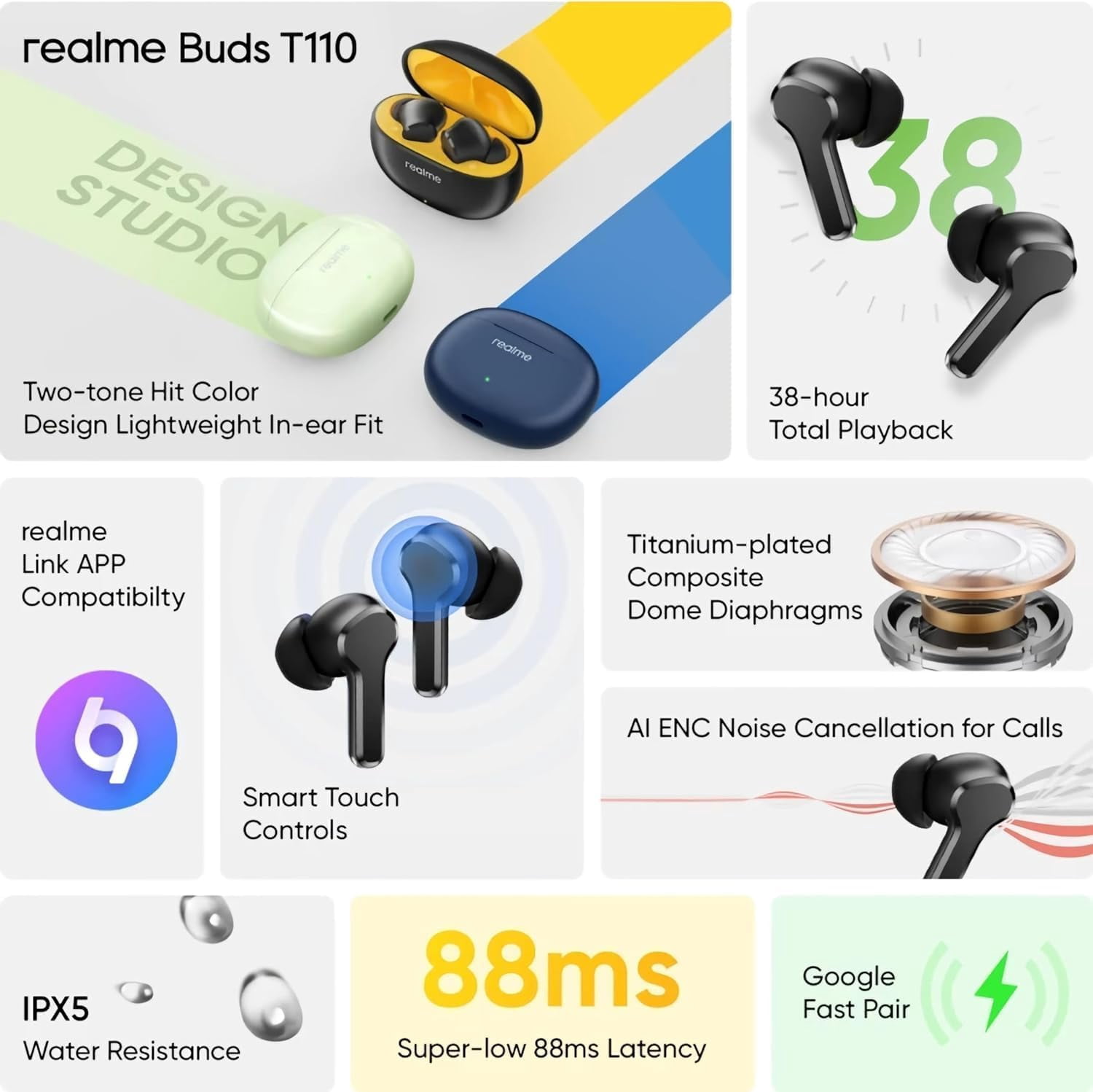 realme T110 AI ENC Noise Cancelling Wireless Earbuds, Lightweight in-Ear Buds, 10mm Dynamic Bass Driver, Heavy Bass, 38H Battery, Wireless Charging, Bluetooth 5.4, IPX5 Water Resistance - (Jazz Blue)