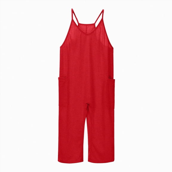 Kogui Girls Overall Pants Girls Jumpsuit Kids Clothes Fashion Ruffle Sleeveless Wide Leg Belted Romper Smocked Summer Outfits with Pockets Size 6-7 (Red,6-7 Years)