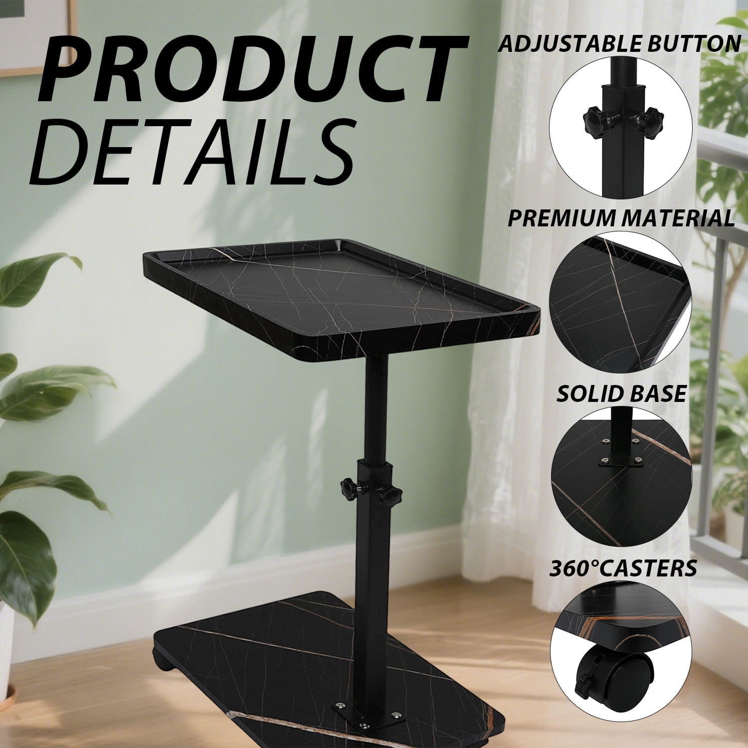 ManyFun C Table End Table Adjustable Heigh Durable MDF Top, Steel Frame, Universal Wheels, Multifunctional Tea Table-(Black and Gold)