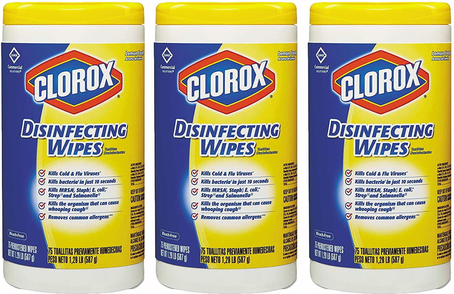 Disinfecting Wipes, Lemon Fresh, Tub of 75 Wipes (Pack of 3 Tubs