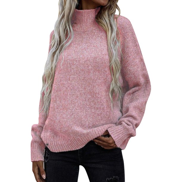 Gibobby Suéter para mujer, Suéter 2023 para mujer, cuello alto, liso, casual, color sólido, cómodo, elegante(Rosa,CH)