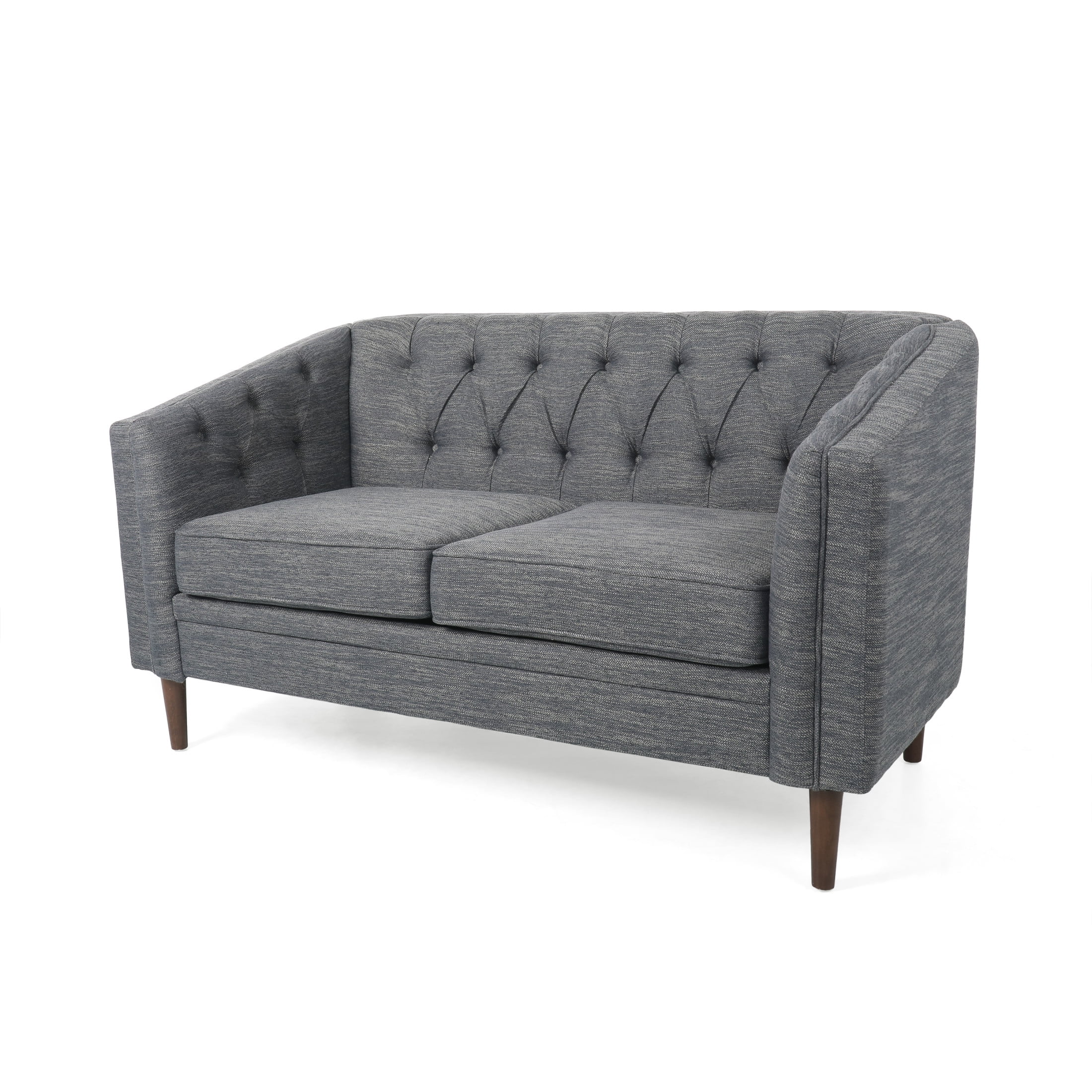 Noble House Brookover Fabric Tufted Loveseat in Charcoal With Espresso Finish