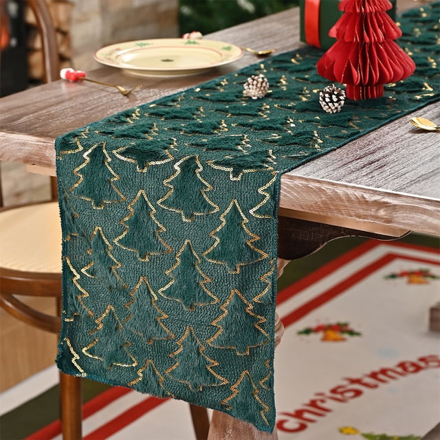 ZZkhGO Embroidered Christmas Table Runner, Gold Flake Tree Pattern Runner, Machine Washable Runner for Festive Dining Kitchen Sideboard