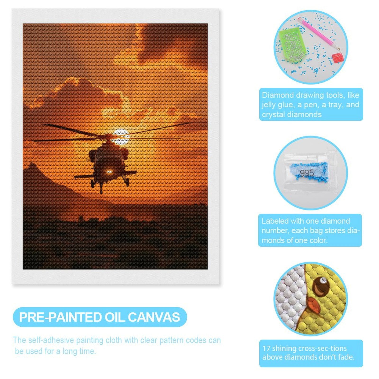 Diamond Art Kits for Adults, Sunset Helicopter Desert Silhouette 5D Diamond Painting Kits for Adults Beginners, DIY Full Drill Diamond Painting, Gem Art and Crafts 12x16