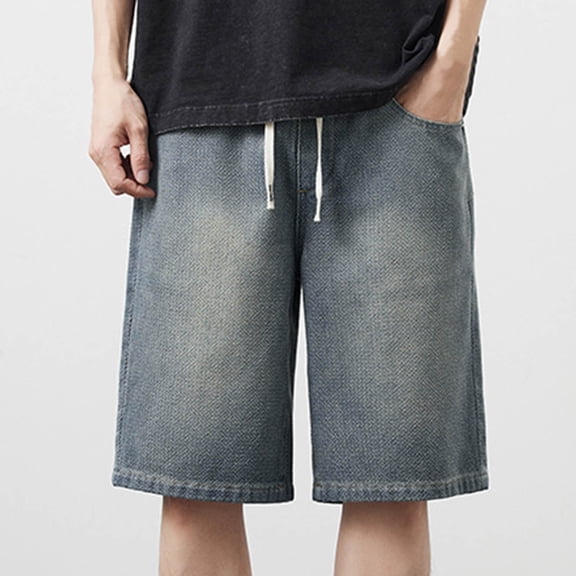 Simua Men's Casual Washed Denim 5-Inch Shorts | Elastic Drawstring Waist Multi-Pocket Linen Polyester Blend Straight Leg Summer Outdoor Shorts