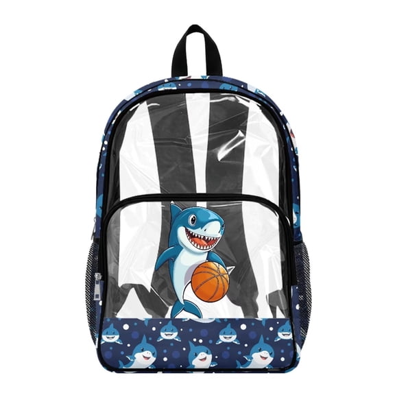 COEQINE Clear Backpack for School Boys Bookbag PVC Polyester See Through Book Bag with Padded Shoulder Straps, Heavy Duty Work Bag Transparent Daypack, Shark Basketball Blue