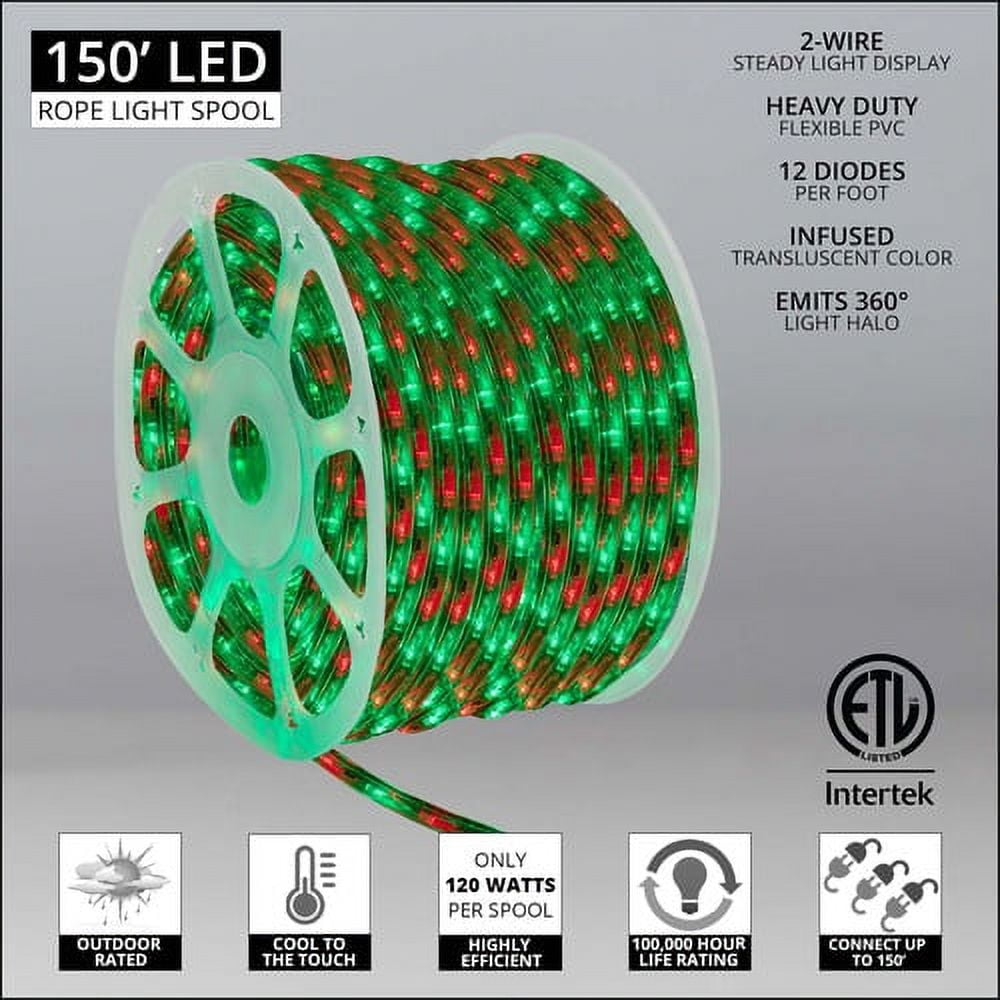150 ft. Green/Red LED Rope Light Spool Indoor-Outdoor Tube Light Kit, 120V, 1/2 Inch, 2-Wire