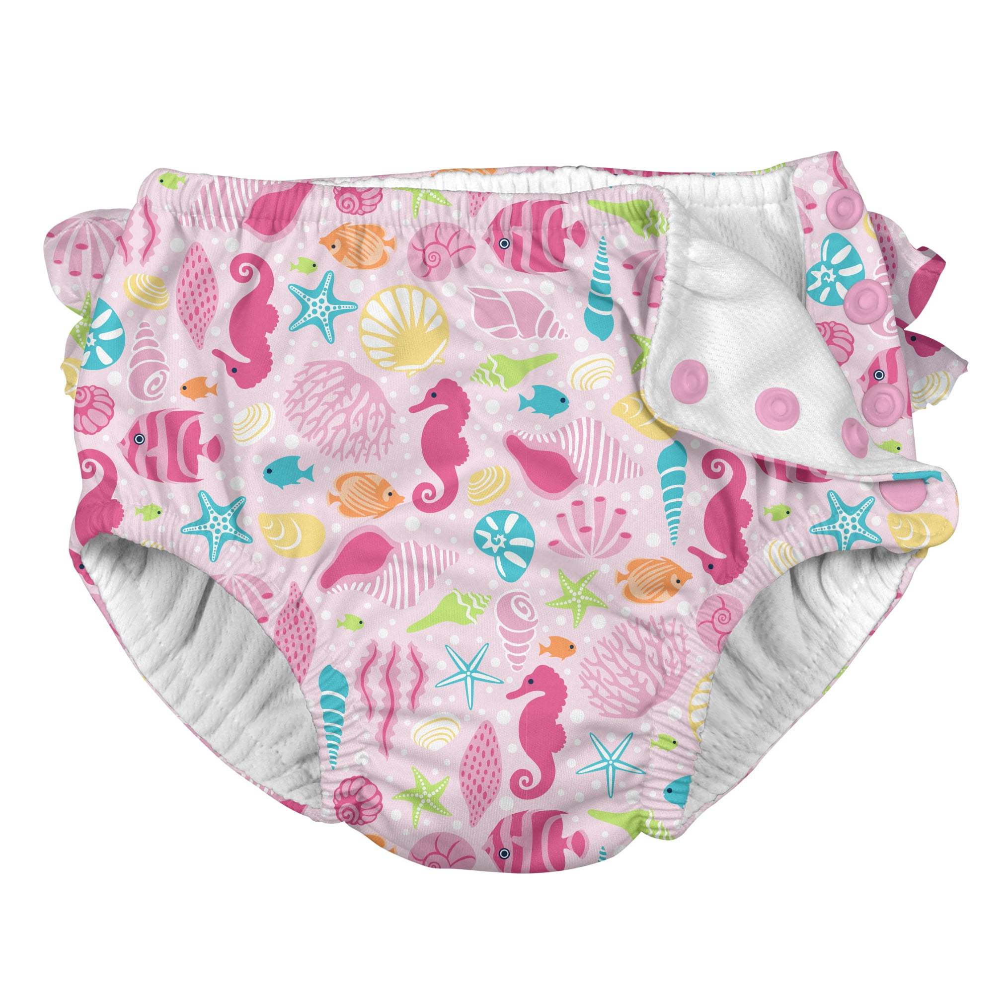 i play by green sprouts Girls Baby Ruffle Snap Reusable Absorbent Swimsuit Diaper 18mo White Flamingos