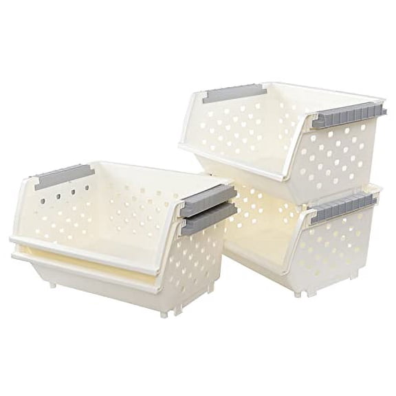 4-Pack White Large Stacking Basket, Plastic Stackable Detachable Storage Organizer Bin