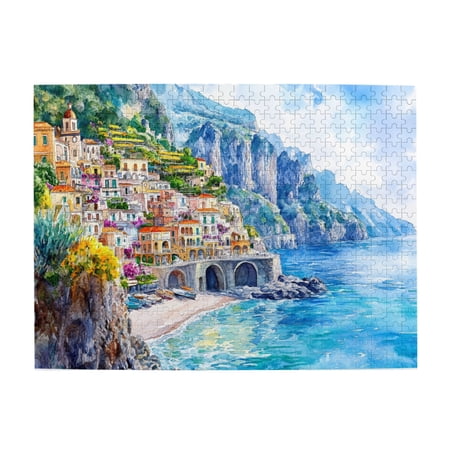 500 PCS Seaside Town Jigsaw Puzzles 500 Pieces Stress Relieving Pleasure Brain Challenge Take You Into A Seaside Town Gift For Landscape Enthusiasts Classic Scenery Wooden Puzzle Stunning Artwork