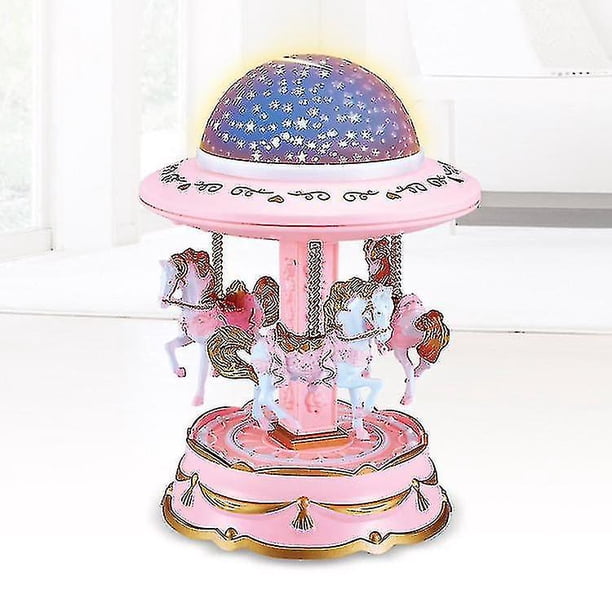 Caja de música con diseño de carrusel, caja de música giratoria de madera, decoración de escritorio para decoraciones navideñas de cumpleaños (rosa)