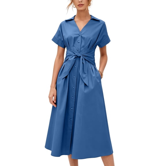 PUWEI Women's Pleated Shirt Dress Summer Casual Short Sleeve V Neck Button Down Dresses Workwear with Tie