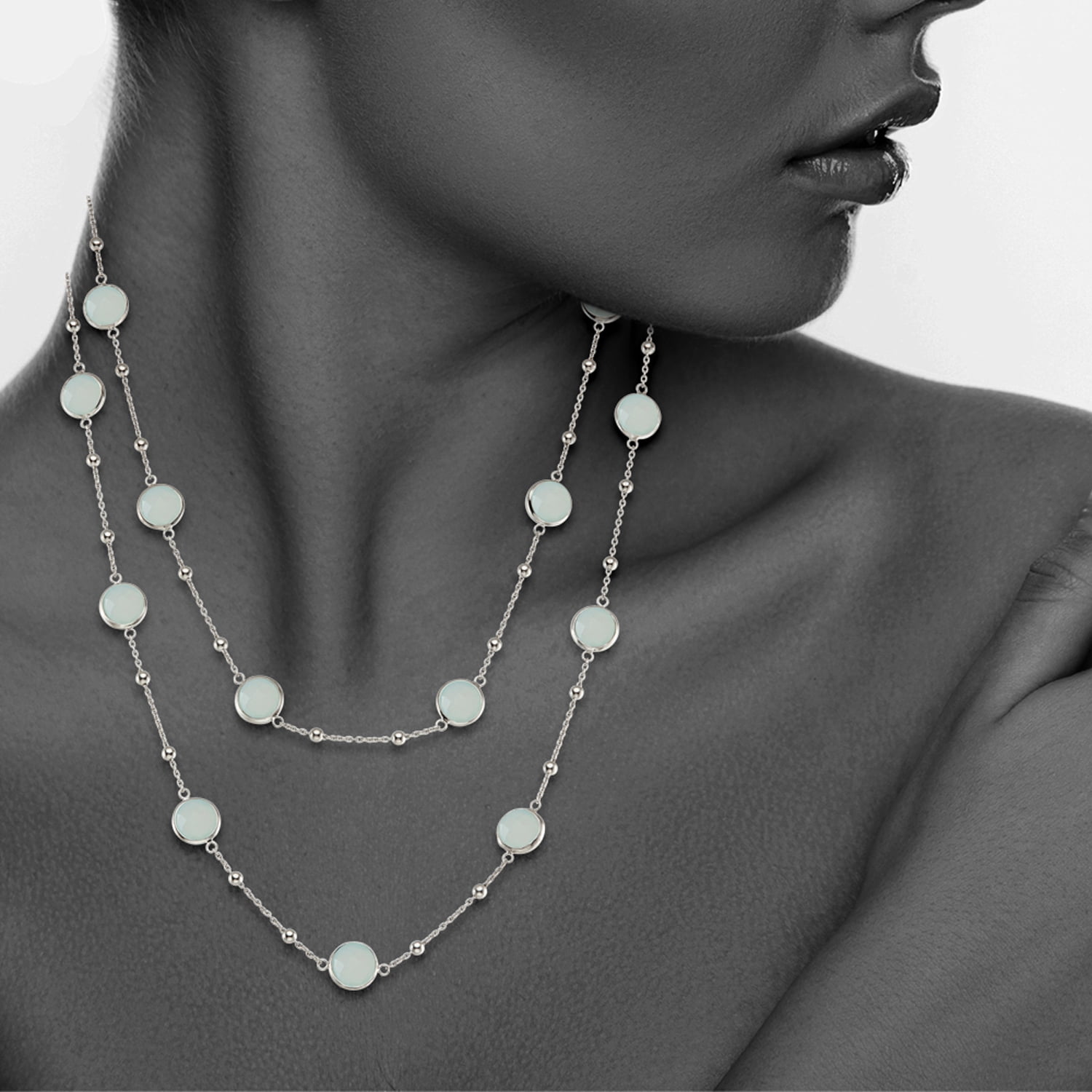5th & Main Sterling Silver Bezel Necklace with Small Silver Stations and Aqua Chalcedony Round Gemstones