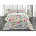 thumbnail image 3 of Ambesonne Airplane Quilted Bedspread Set 3 Pcs, Passport Stamps Cities, King Size, Eggshell and Pink, 3 of 5