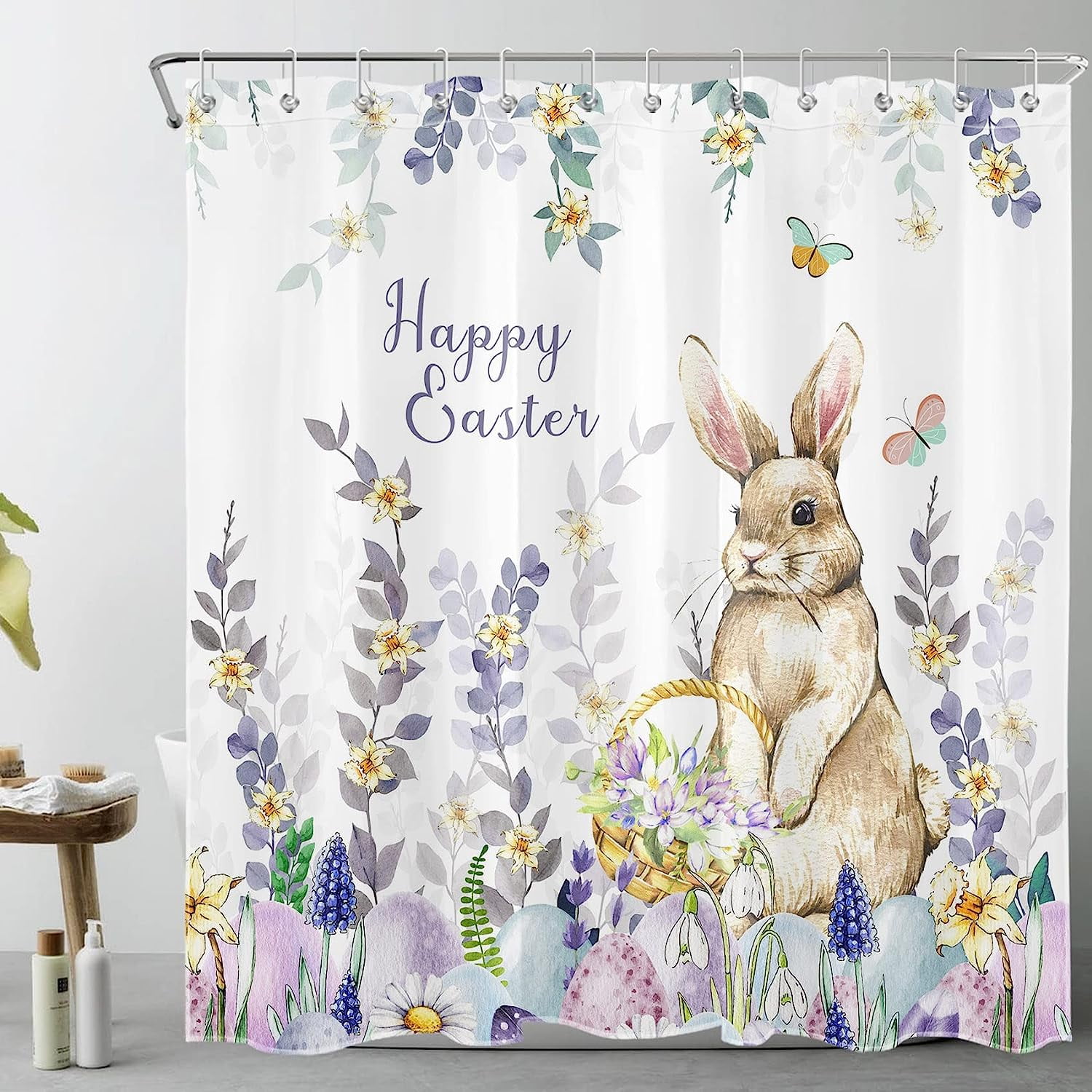 SPXUBZ Happy Easter Shower Curtain Cute Rabbit Colorful Eggs Shower