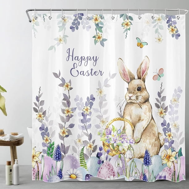 SPXUBZ Happy Easter Shower Curtain Cute Rabbit Colorful Eggs Shower ...