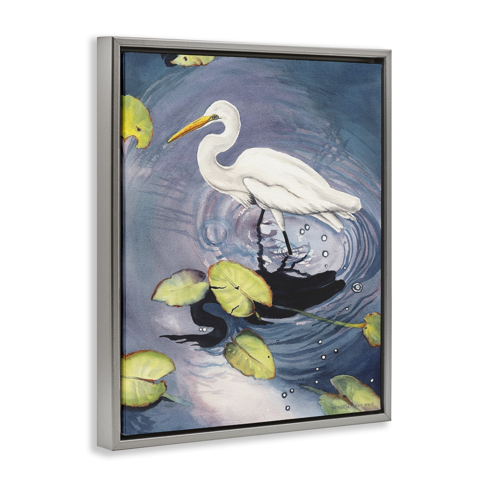 Stupell Industries Heron with Pond Ripples Animals & Insects Painting Gray Floater Framed Canvas Art Print Wall Art, 25 x 31
