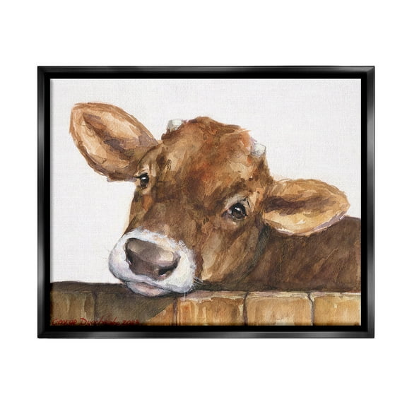 Stupell Industries Cattle Calf Gazing Animals & Insects Painting Black Floater Framed Canvas Art Print Wall Art, 21 x 17