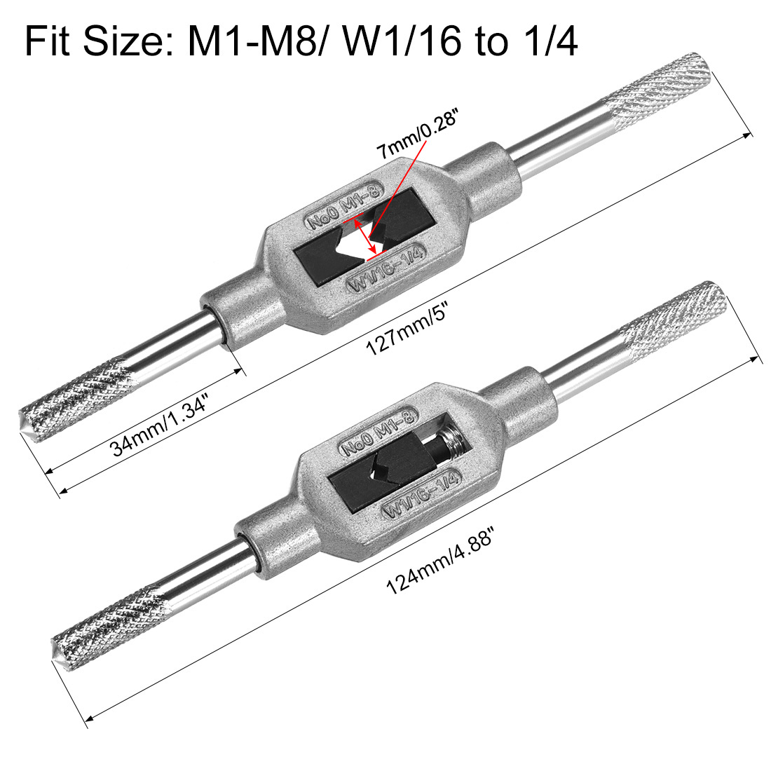 Uxcell Metric M1-M8 1/16" - 1/4" (UNC/UNF) Adjustable Tap Wrench Handle Nickel Plated 2 Pack - image 3 of 6