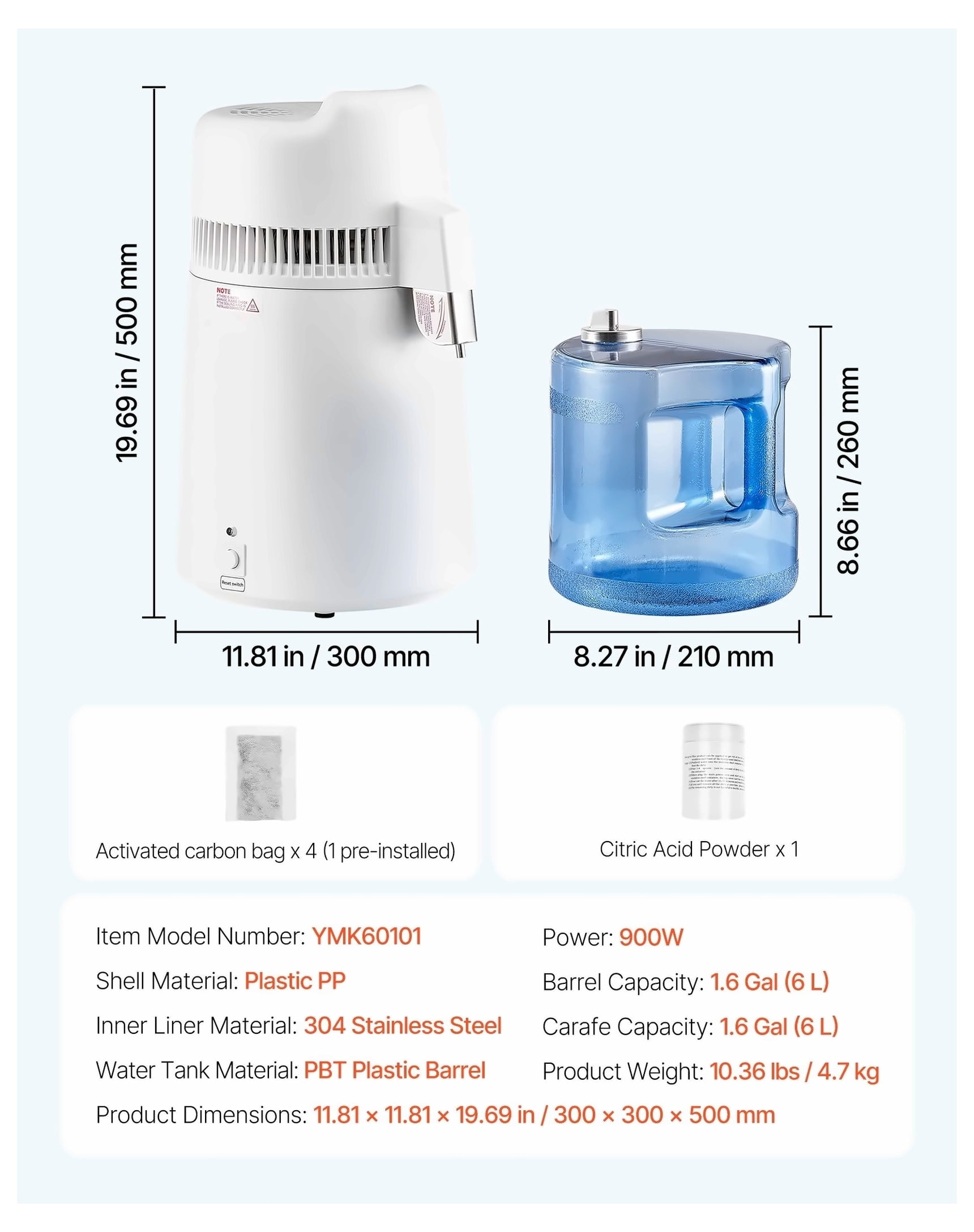 6L Water Distiller Home Countertop Purifier Machine 900W Plastic Stainless Steel