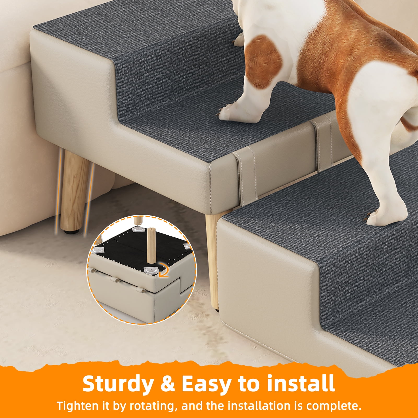 4-Step Ottoman Dog Stairs, 2-in-1 Foldable Pet Ramp for Bed, Dog Ramp for Small Puppy and Cats, Sturdy Wood Frame Support with Non-slip walking surface, Holds Up To 220lbs ( Light Grey Color )