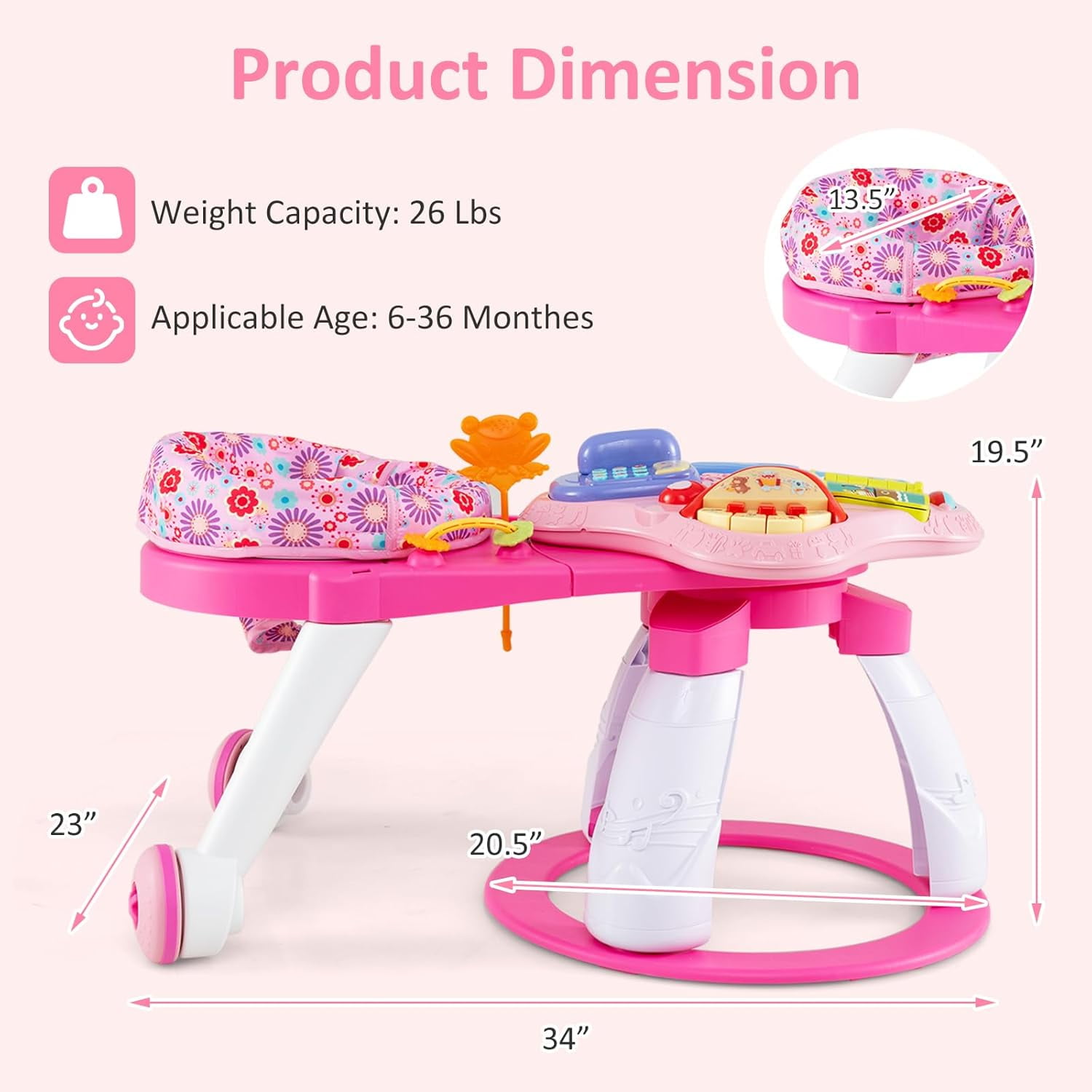 OLAKIDS 3 in 1 Walk Around Baby Activity Center, Baby Walker with Play Table, Wheels, Detachable Seat Cushion, 3 Adjustable Heights, Learning Toys for Boys Girls Aged 6-36 Months