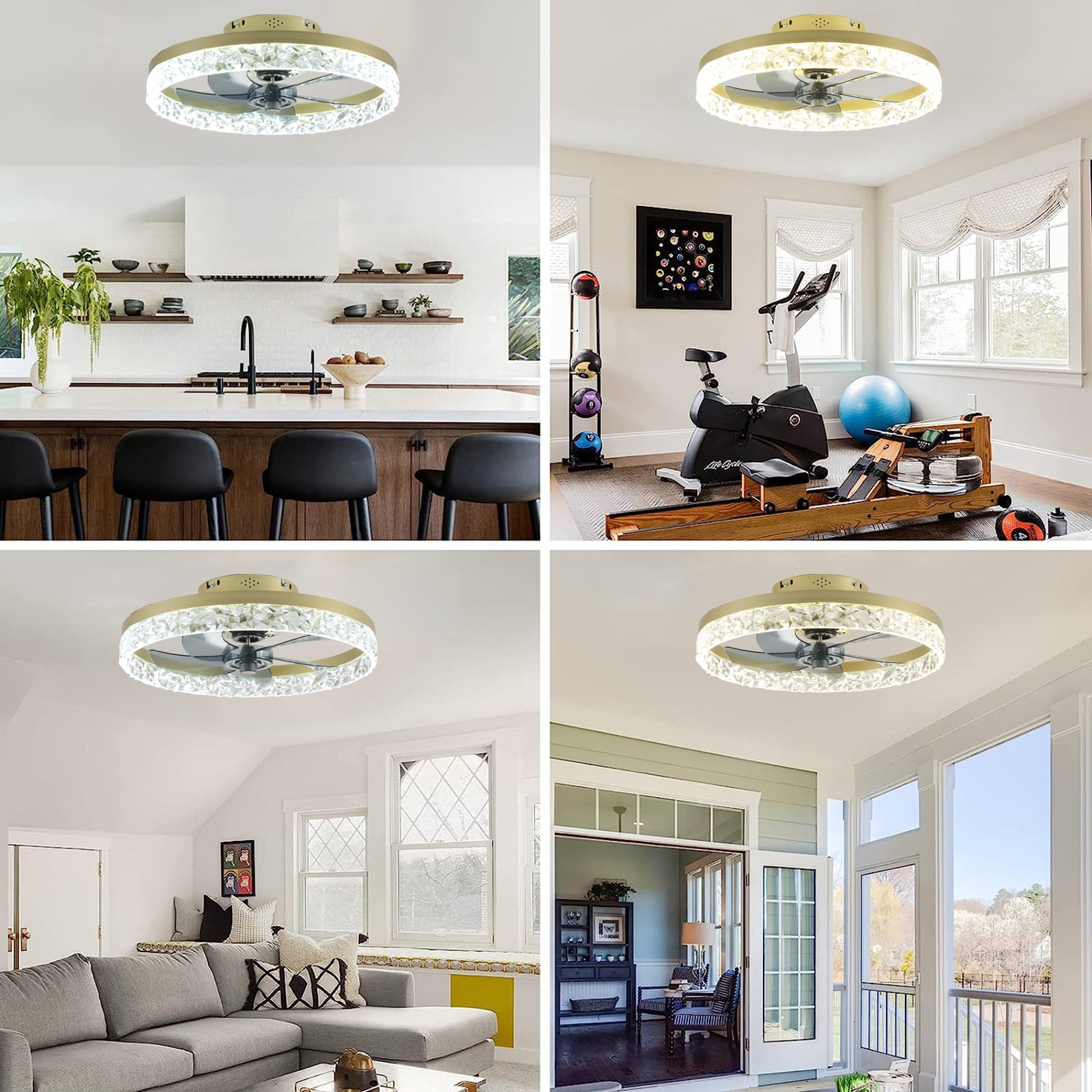 JLPAN 20" Low Profile Ceiling Fan with Lights and Remote, Modern Flush Mount LED Stepless Dimmable, Reversible Blades,6 Speeds Timing for Bedroom, Indoor Use - Gold