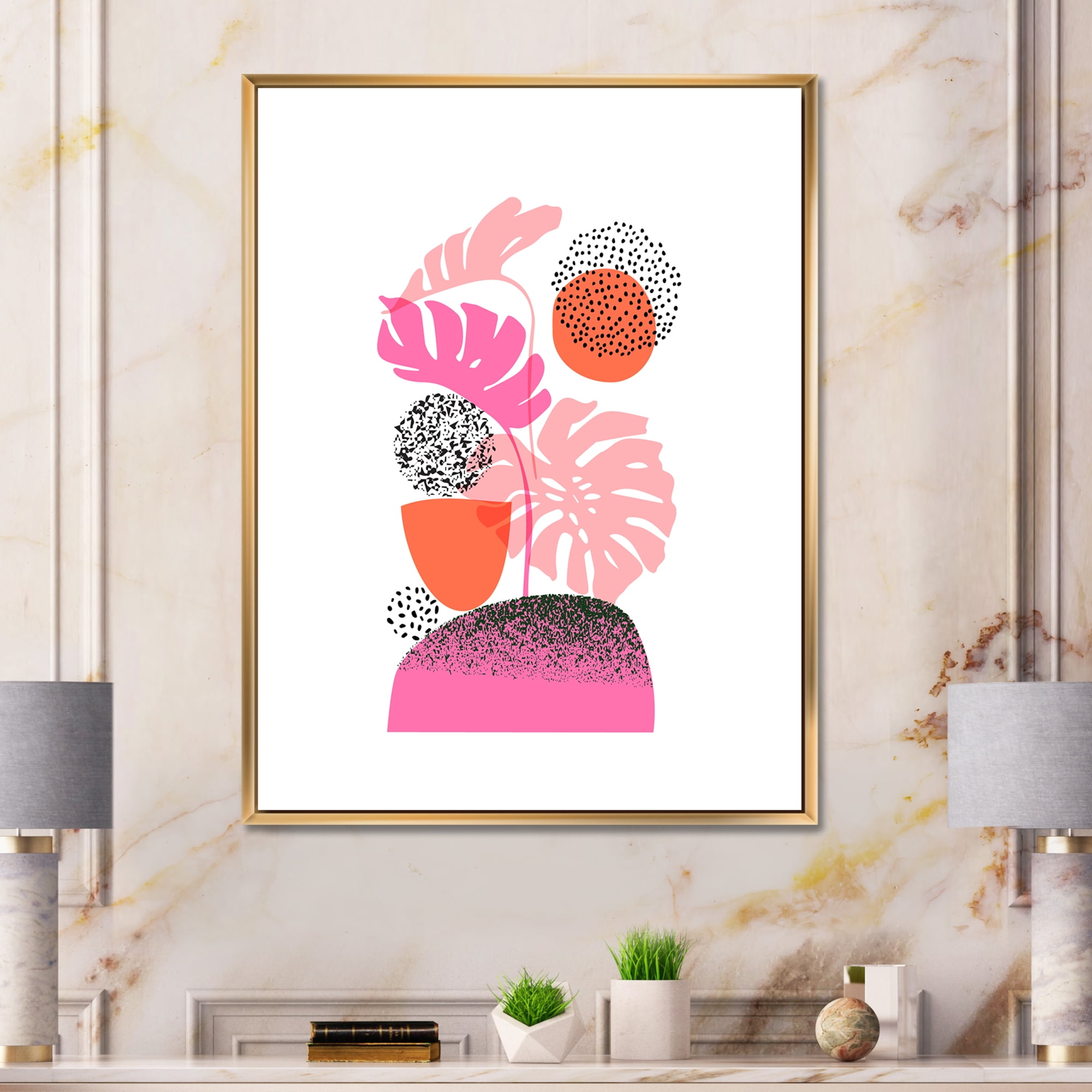 Designart 'Geometric Sun and Moon Shapes With Tropical Leaves' Modern Framed Canvas Wall Art Print