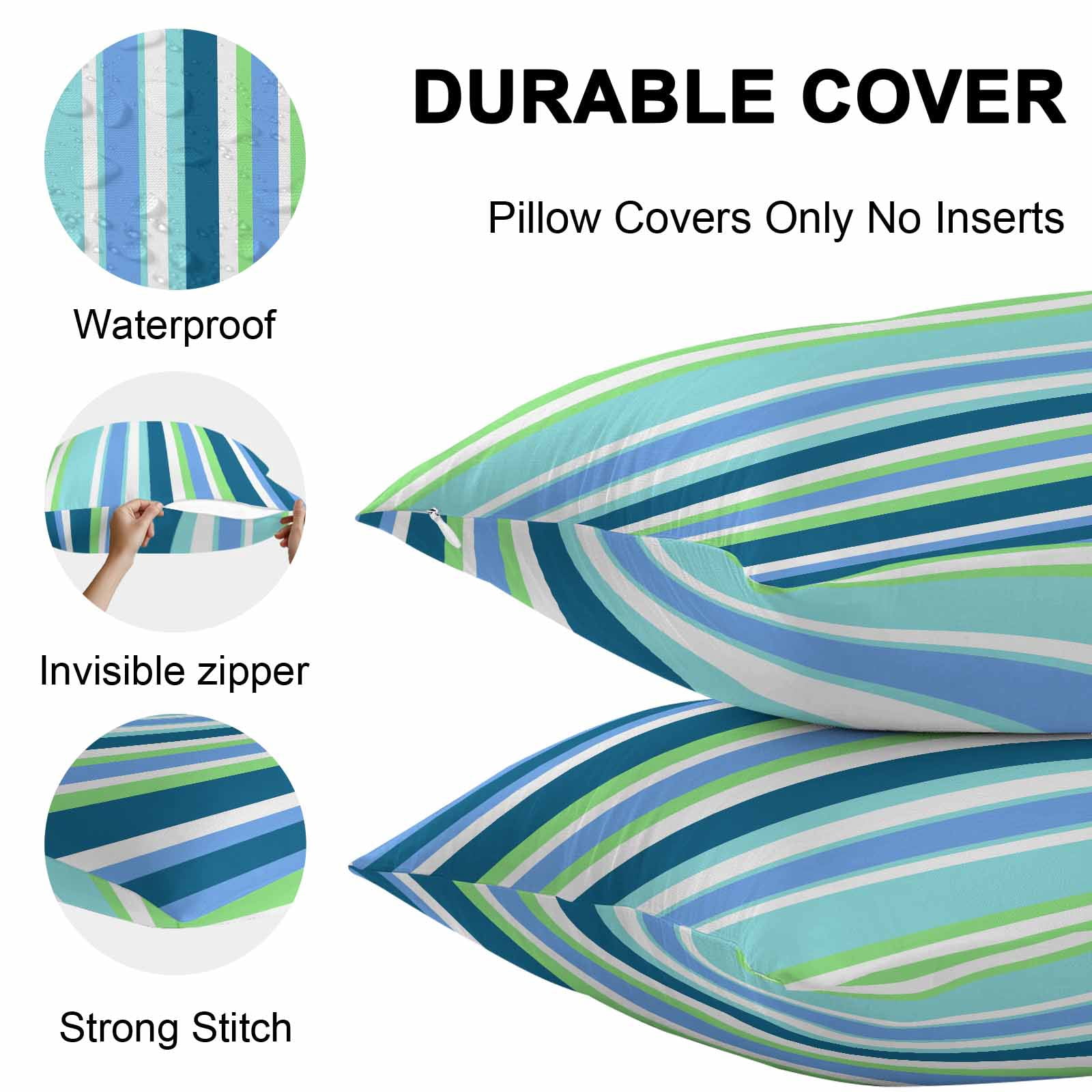 Blue Green Stripes Outdoor Pillow Covers Set of 2 White Striped Colorful Summer Texture Waterproof Throw Pillow Case Decorative Square Cushion Cover for Patio Couch Garden Balcony, 16"x16"