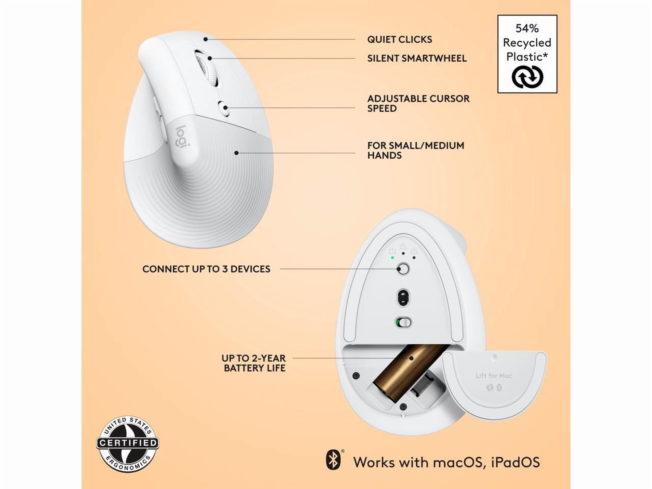 Logitech Lift for Mac Wireless Vertical Ergonomic Mouse, Bluetooth, Quiet Clicks, Silent Smartwheel, 4 Customizable Buttons, Off White