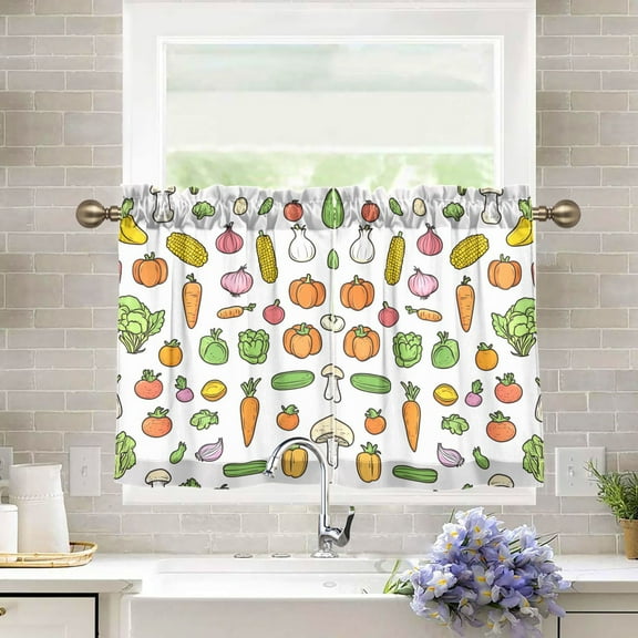 Yayeee Kitchen Curtains Tier Pair Light Filtering 27"x36" Rod Pocket Short Cafe Window Panel, Green Vegetables Pattern