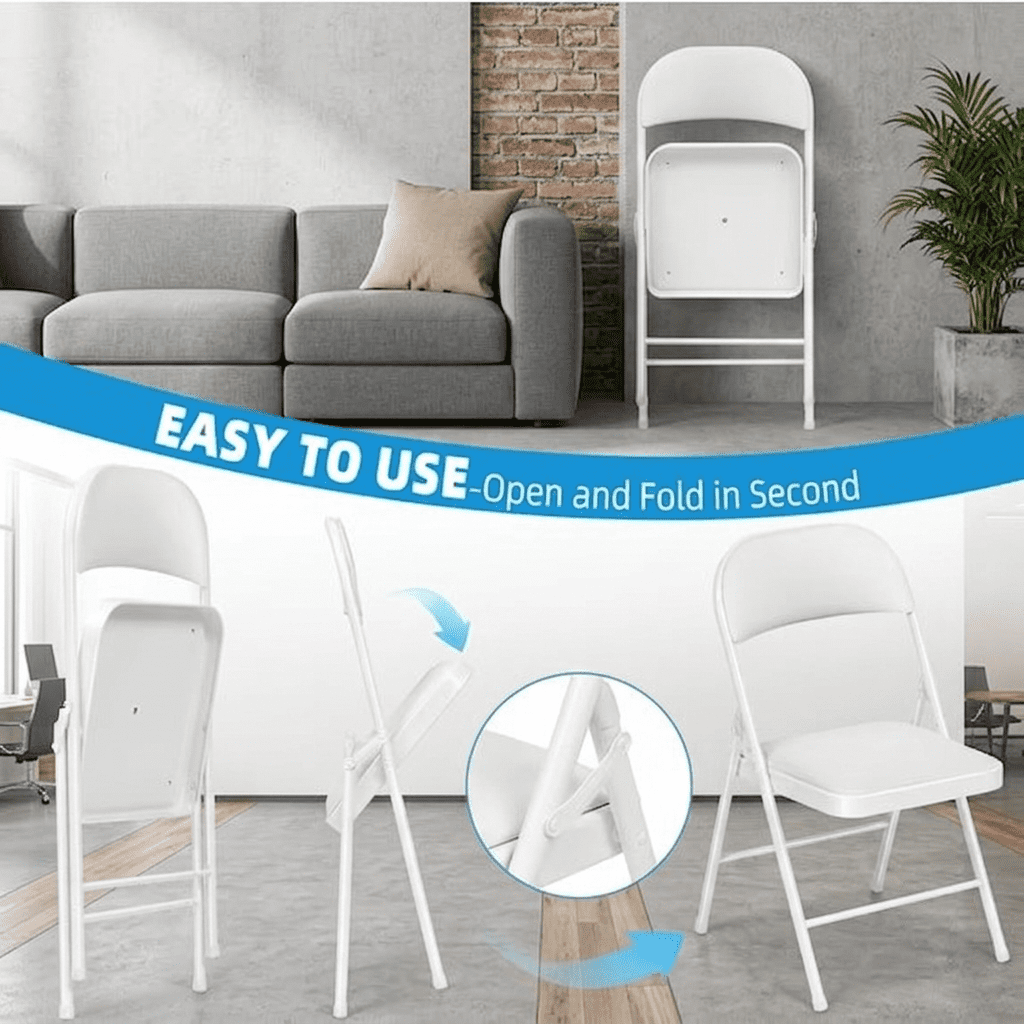 Fenbeli Padded Folding Chairs 4 Pack, White Steel Chairs with Metal Backs and 330 lb Capacity, Portable Seating for Home Events and Gatherings
