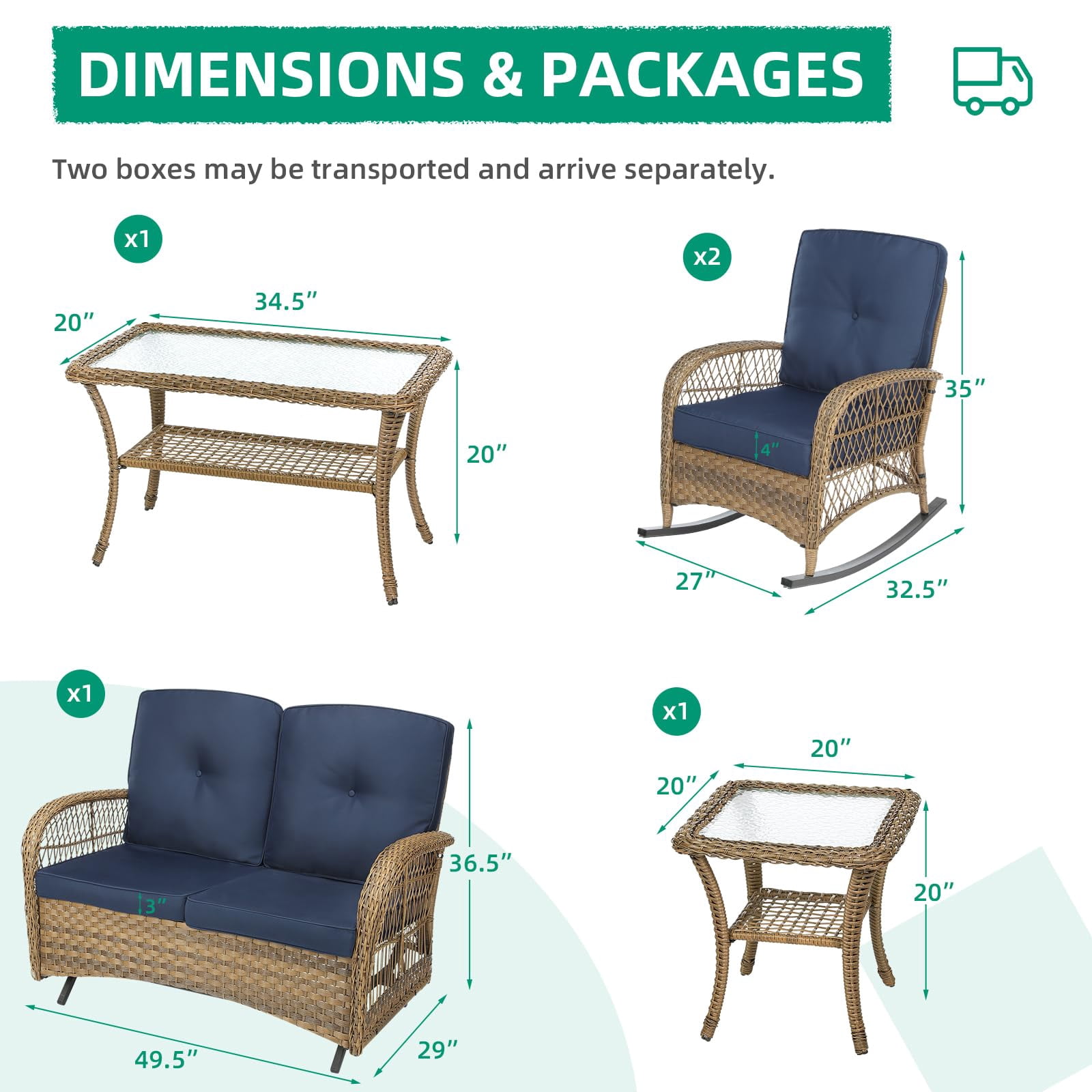 VIVIJASON 5-Piece Outdoor Patio Wicker Conversation Sets, All Weather Outdoor Rattan Furniture Set Includes Glider Loveseat, 2 Coffee Table, 2 Rocking Chairs with Cushions for Backyard, Navy Blue