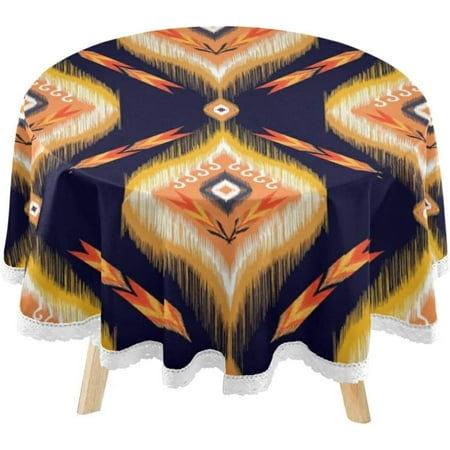 SKYSONIC Ikat Tribal Indian Style Round Tablecloth 60inch Indoor Wrinkle Free, Circular Lace Table Cover Washable for Kitchen Party BBQ Dining Decor