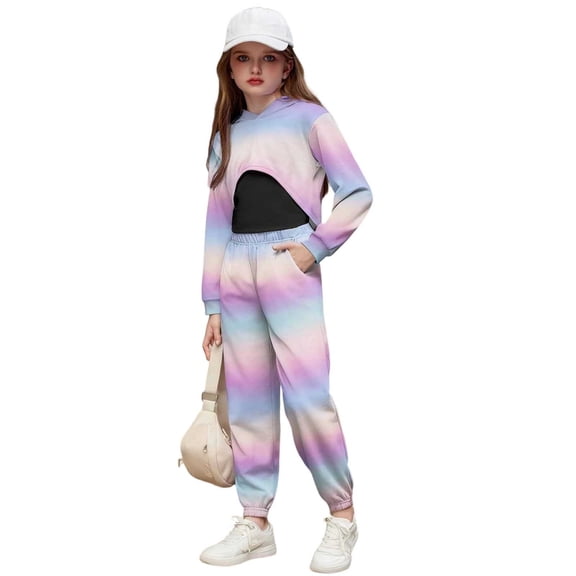 SGMVNU Girls Sweatsuit Set Girls Sweatsuit Size 8 Cute Crop Hoodie and Tank Tops with Jogger Sweatpants Casual 3 Piece Outfits Set, for 9-10 Years, Multicolour