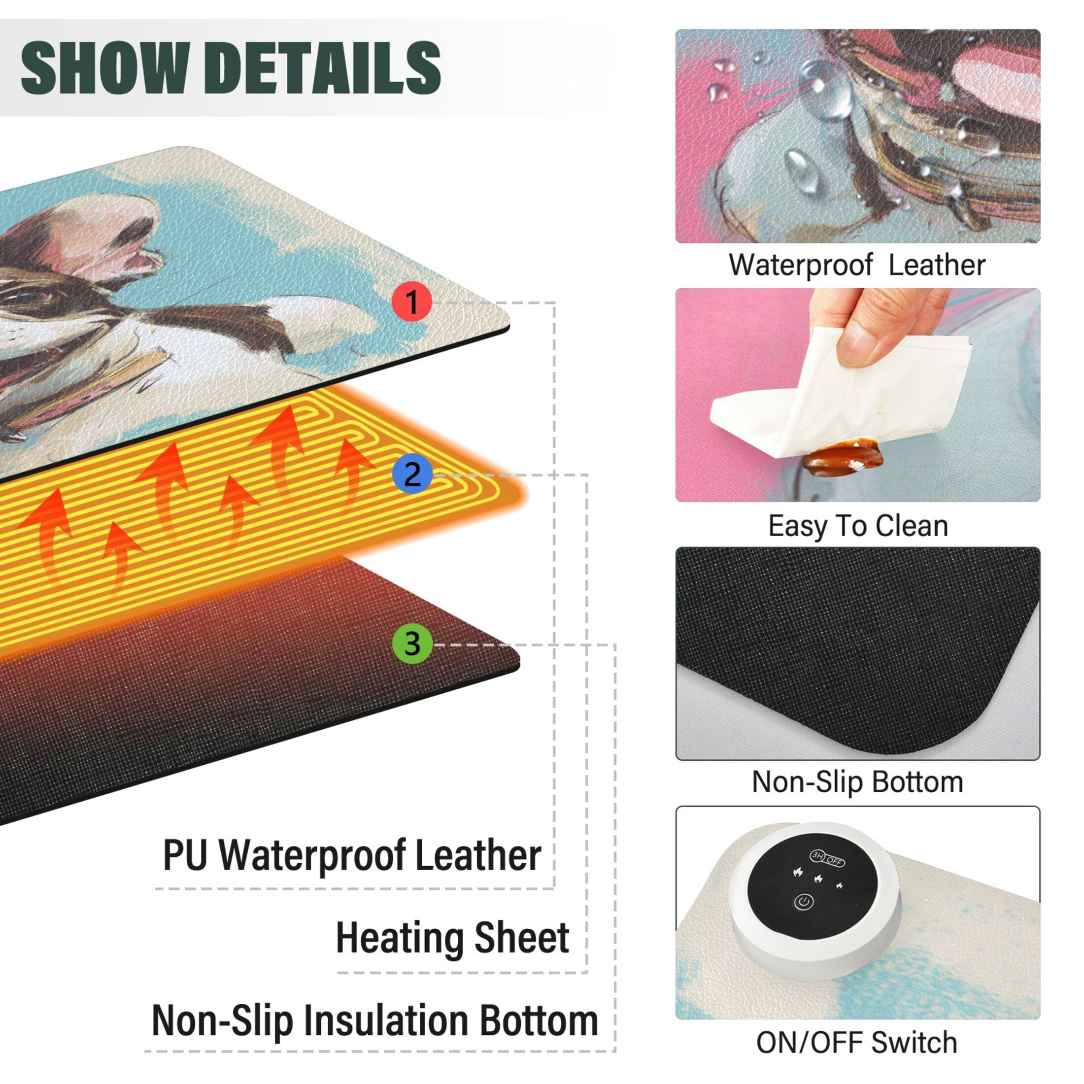 Large Heated Desk Mat Mouse Pad 31.5"x13"PU Leather Graphene Heating Desk Warmer with 3 Temperature Settings 110V US Plug Non-Slip Warm Pad for Home, Office, and Gaming Happy Frenchie Pop Portrait