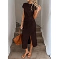 thumbnail image 3 of Brown Textured Waist Twist Short Sleeve Midi Dress With High Slit For Women, 3 of 6