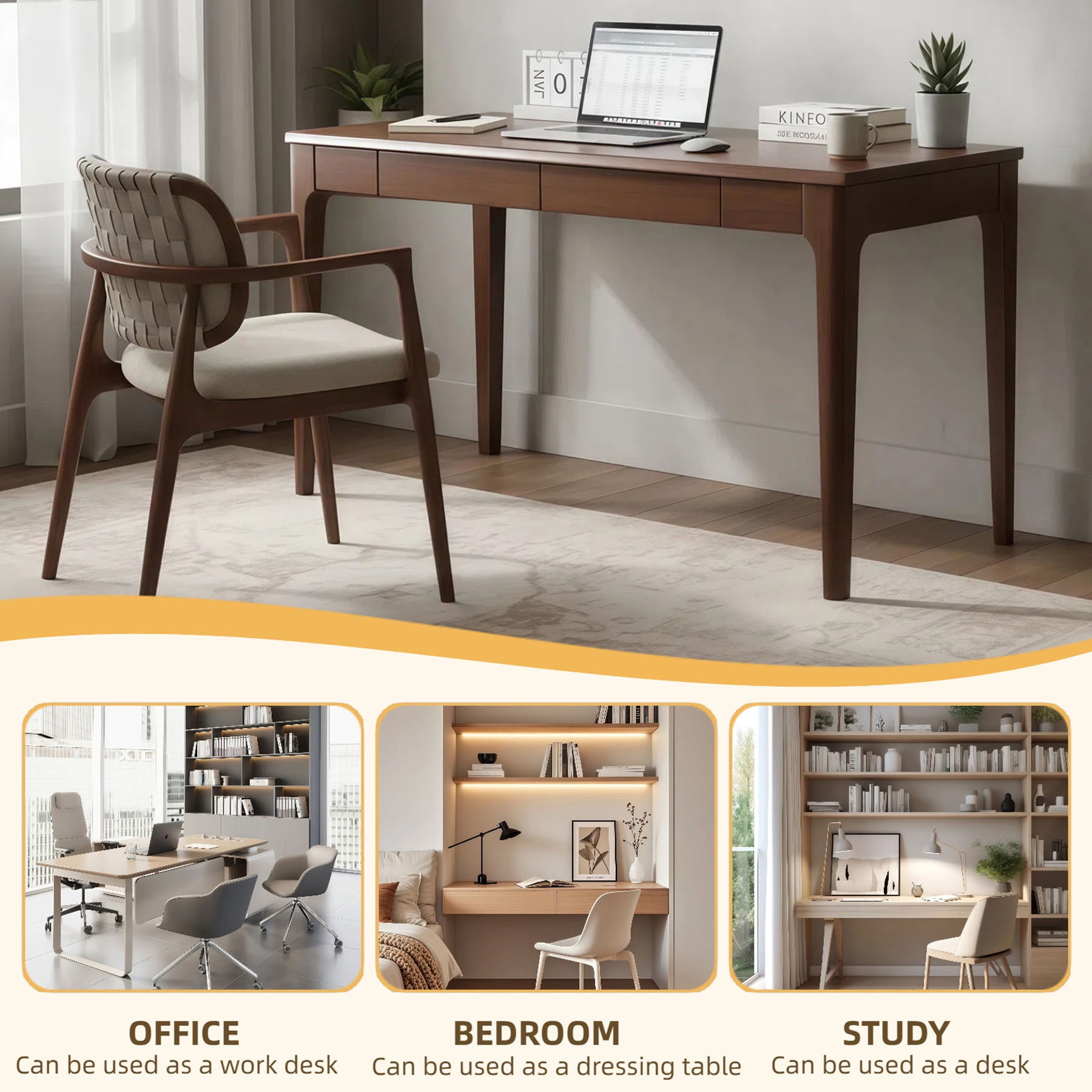 CQSXDA Solid Wood Standing Desk with Drawers in Natural Finish, Mid Century Modern Office Desk for Small Spaces