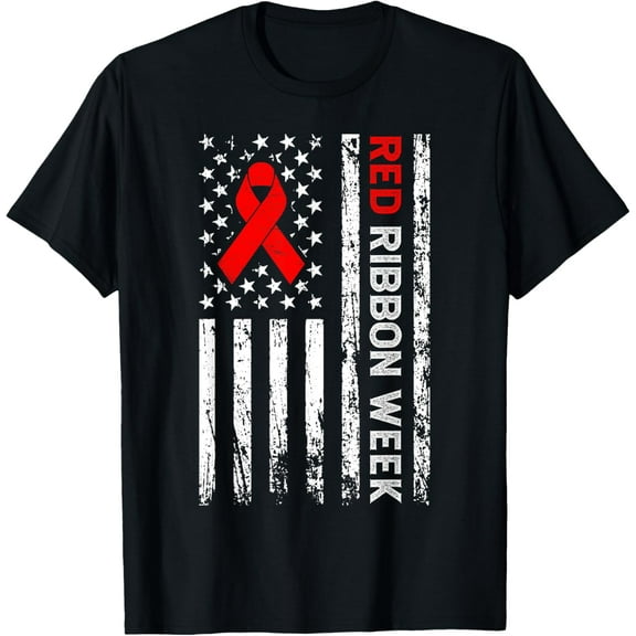 Vintage Drug Free Shirt American Flag Line Red Ribbon Week T-Shirt